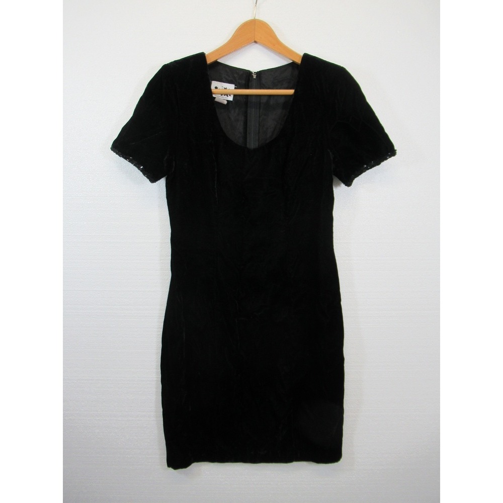 Vintage 90s Jump Black Velvet Dress Junior Size 9/10 Short Sleeve Goth Grunge